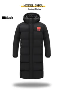 Detail of black hooded puffer coat with Chinese flag embroidery and quilted texture