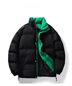 Detail of winter puffer jacket featuring stand collar and contrast green lining