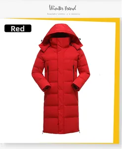 Detailed view of red long quilted hooded winter jacket with windproof side pockets