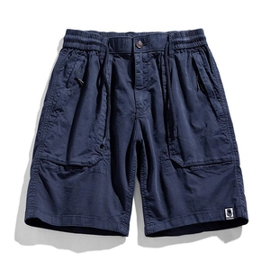 Flat lay of dark blue men cargo shorts with elastic drawstring waist and large pockets
