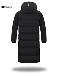Rear view of long black hooded puffer coat with horizontal quilting for winter