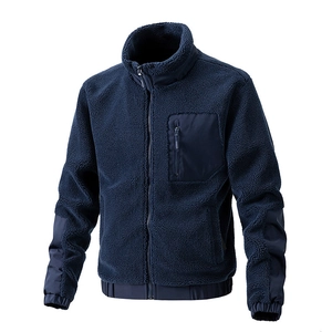 Navy blue sherpa fleece jacket for men with stand collar and zipped contrast chest pocket