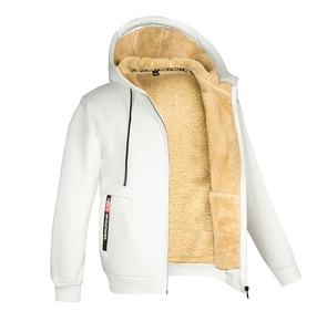 Detail view of the thick sherpa lining and zip closure on the men's winter hoodie