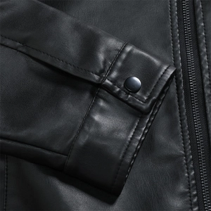 Men's high street black leather motorcycle jacket with metallic snap buttons and zipper