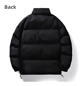 Back view of black stand-collar puffer jacket featuring green adjustable hem drawstrings