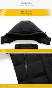 Detail view of winter hooded parka showing metal zipper pocket and quilted black fabric