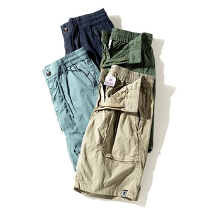 Mens Japanese style cargo shorts in khaki navy green and grey with drawstring waist