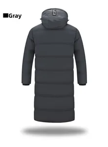 Rear view of grey long hooded coat featuring UIZ lettering on hood and horizontal quilting