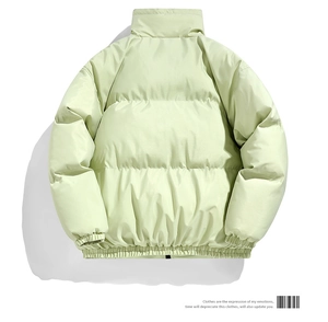 Rear view of light green stand collar puffer jacket with wide horizontal quilting