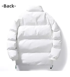 Back view of a white stand-collar puffer jacket featuring horizontal quilting and drawstrings