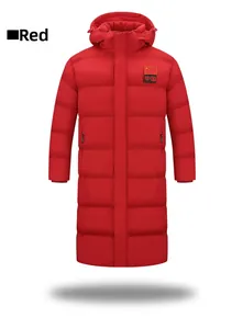Detail of red long hooded parka featuring China flag embroidery and windproof front flap