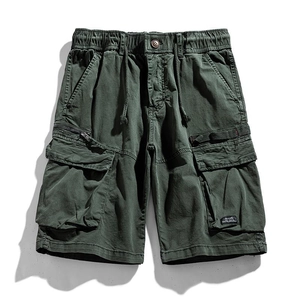 Army green cargo shorts for men with elastic waist and multiple utility pockets