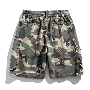 Rear view of men's jungle camouflage cargo shorts with elastic waist and flap pockets