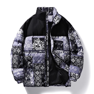 Men Puffer Jacket Polyester Padded Coat Stand Collar Streetwear Tiger Graffiti Patchwork Winter Outwear For Men Youth