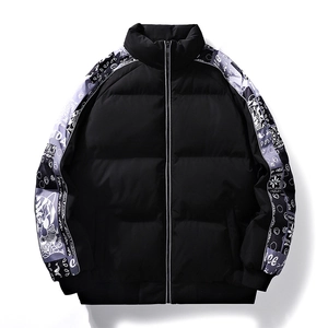 Men's Streetwear Padded Jacket Paisley Print Stand Collar Loose Warm Polyester Quilted Coat For Winter Casual Teenagers Outwear