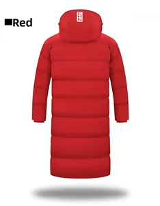 Rear view of a red long hooded winter coat with horizontal quilting and CHN logo