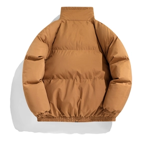 Back view of brown puffer jacket with wide quilting and elastic stand collar