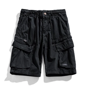 Men's black cargo shorts with drawstring waist and multiple functional zip pockets