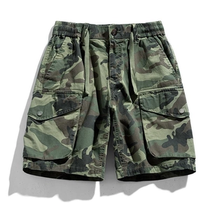 Mens woodland camouflage cargo shorts with drawstring waist and large utility side pockets