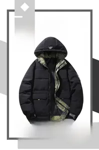Detail of hooded men's puffer jacket with camo lining and NAIVE sleeve label