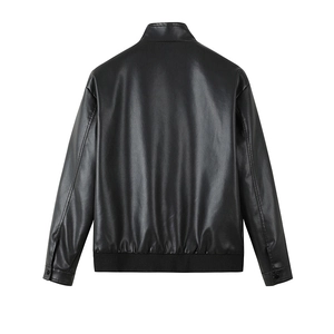 Back view of a men's black faux leather bomber jacket with ribbed cuffs and stand collar
