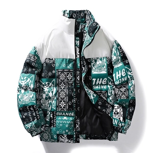 Men's high-neck puffer jacket featuring white and green graffiti patchwork streetwear style