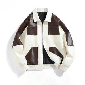 Giacca da Uomo in Ecopelle Retro Color Block Casual Vestibilità Larga in Pelle PU Streetwear Bomber Con Revers E Chiusura a Cerniera Stile Autunnale