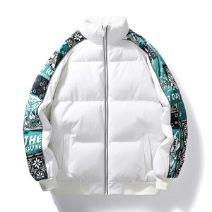 Men's loose white puffer jacket with streetwear print sleeves and stand collar