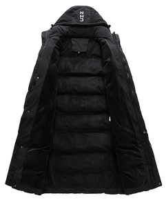 Detail view of thickened black fleece lining and hood branding on long winter parka jacket
