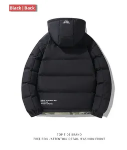 Back view of black hooded puffer jacket with letter print and camouflage lining detail