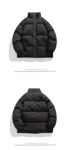 Front and back views of a black puffer jacket with stand collar and quilted design