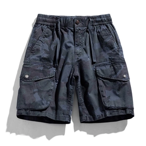 Men's camouflage cargo shorts in dark blue and grey with drawstring waist and side pockets