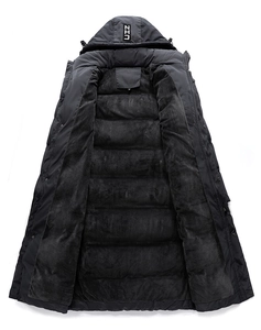 Close-up of a long hooded puffer coat featuring a warm gray fleece lining and ZIN logo