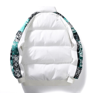 Men's white puffer jacket with paisley print sleeves and streetwear stand collar style