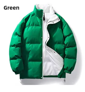 Detail view of green stand-collar puffer jacket with white lining and elastic cuffs