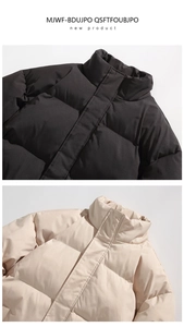 Detail of high stand collar on puffer jackets in matte black and beige colors