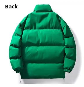 Detail view of the back of a bright green stand-collar puffer jacket with ribbed cuffs