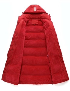 Detail of red long hooded parka showing thick polar fleece lining and windproof fabric