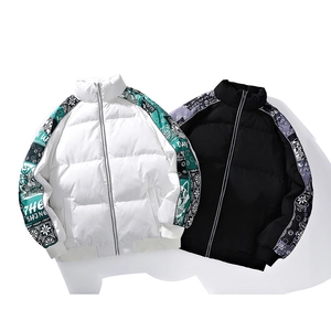 Mens casual winter puffer jacket with paisley print stripes and stand collar in white and black
