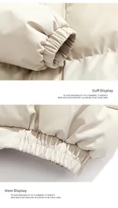 Detailed view of elastic cuffs and hem on minimalist beige winter puffer jacket