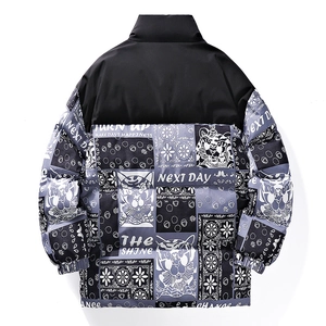 Men's winter puffer jacket with stand collar and graphic back print in contrast black