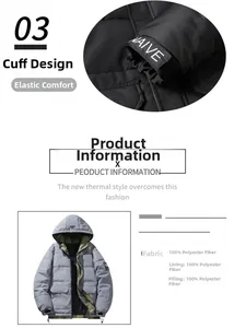 Detail of light gray winter puffer jacket showing adjustable velcro cuff with NAIVE lettering