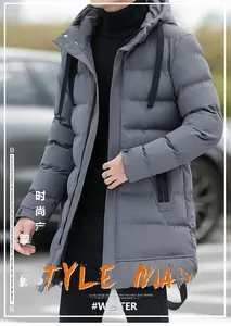 Detail view of men's gray long hooded puffer jacket featuring windproof collar and pockets