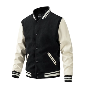 Detail of classic varsity jacket with wool body, faux leather sleeves and striped ribbing