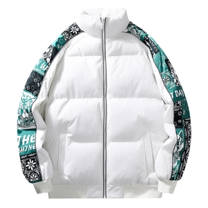 Men's oversized white puffer jacket with green paisley side stripes and stand collar