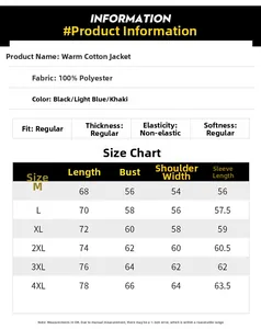 Size chart for men's winter hooded parka with fabric details and measurements in CM