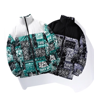 Mens thick stand collar puffer jacket with paisley print and color block design