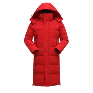 Long red hooded winter puffer coat with windproof fabric and parallel quilting for warmth