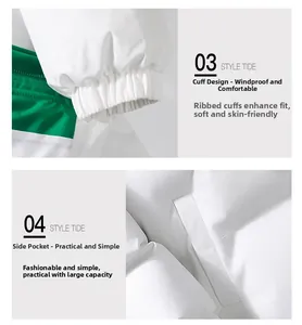 Detail of ribbed elastic cuffs and large side pockets on a white and green padded jacket
