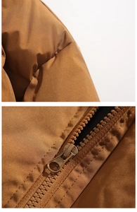 Detail view of brown quilted jacket featuring a durable resin zipper and quality stitching